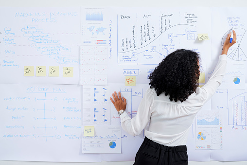 Rear view of businesswoman with curly hair drawing diagram on whiteboard when preparing for presentation