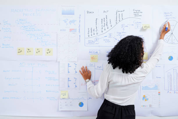 Woman drawing diagram on whiteboard Rear view of businesswoman with curly hair drawing diagram on whiteboard when preparing for presentation whiteboard stock pictures, royalty-free photos & images