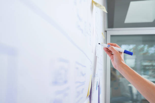 Female entrepreneur drawing on whiteboard Hand of female business executive drawing diagram on office whiteboard with blue marker whiteboard visual aid photos stock pictures, royalty-free photos & images