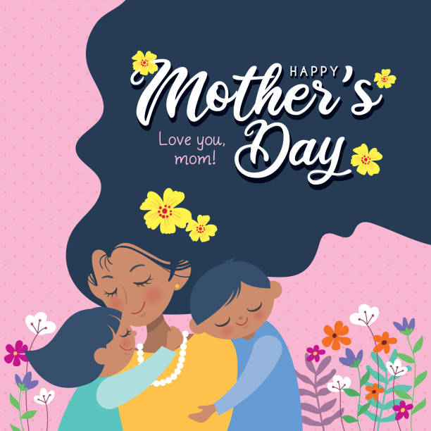 illustrazioni stock, clip art, cartoni animati e icone di tendenza di buona festa della mamma - madre, figlio e figlia disegnati a mano con fiori su pois rosa - indian ethnicity ethnic indigenous culture indian culture