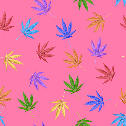 Colorful leaves of hemp or cannabis seamless pattern on pink background.