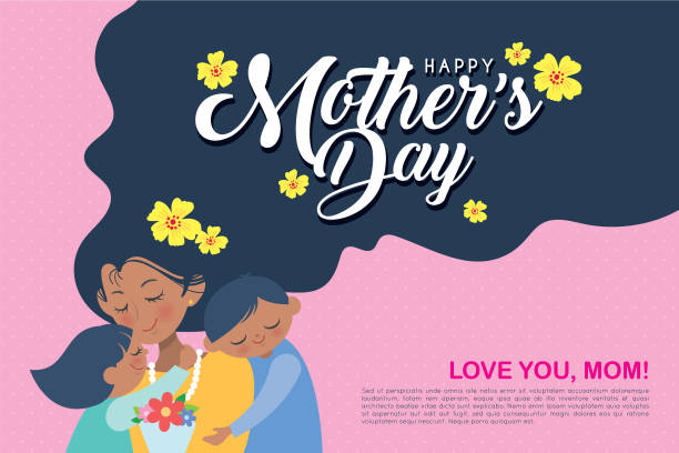 행복 한 어머니의 날 템플릿 디자인-아이 들과 함께 만화 엄마. - indian girls illustrations stock illustrations