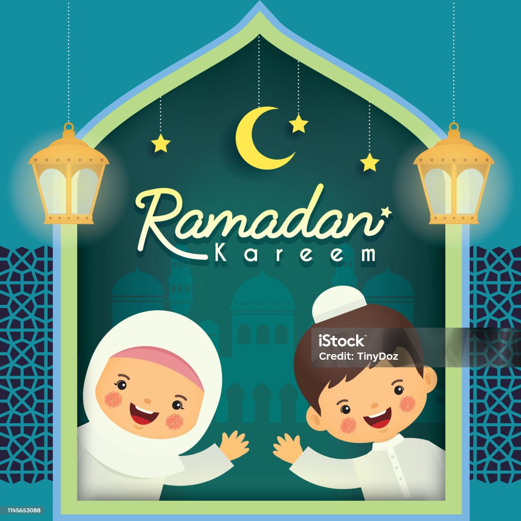 Ramadan Kareem Greeting Card Cartoon Muslim Kids With Famous ...