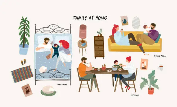 Vector illustration of Set of cute vector illustrations of people in everyday life, happy family at home resting in the living room on the sofa, sleeping in the bedroom, eating in the kitchen, isolated objects of furniture