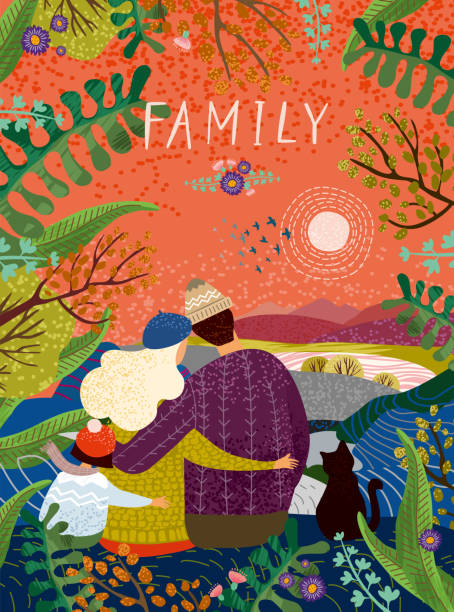 ilustrações de stock, clip art, desenhos animados e ícones de happy family, vector cute illustration of a loving family in nature outdoors, enjoying the sunset surrounded by flowers and plants; mother, father, child and cat sit back and hug in autumn or spring - animal print pictures