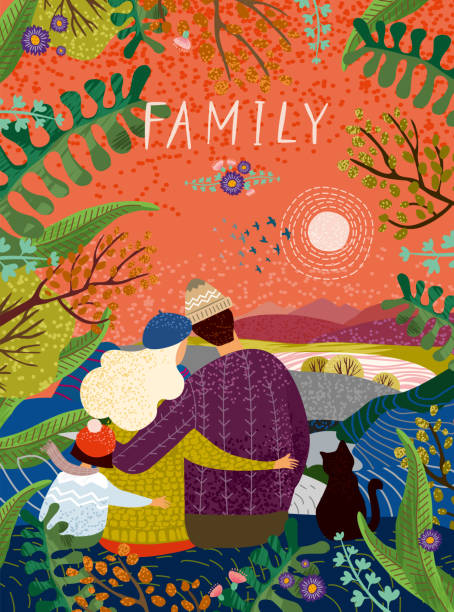счастливая семья, вектор мило иллюстрация любящей семьи на природе на открытом воздухе, наслаждаясь закатом в окружении цветов и растений;  - mother family vertical flower stock illustrations