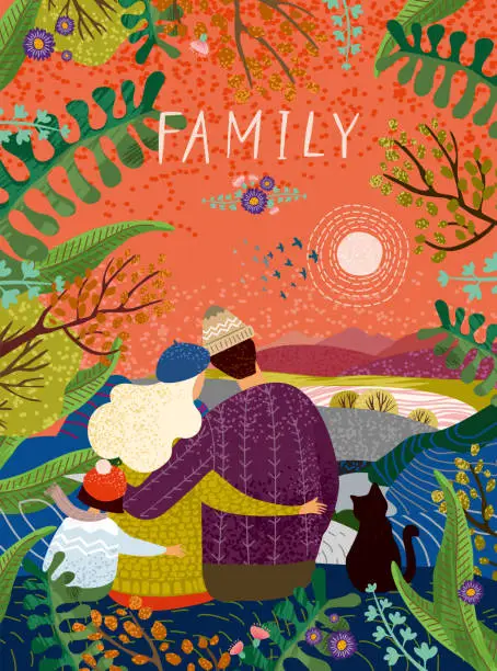 Vector illustration of happy family, vector cute illustration of a loving family in nature outdoors, enjoying the sunset surrounded by flowers and plants; mother, father, child and cat sit back and hug in autumn or spring