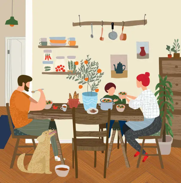 Vector illustration of vector gouache painted flat illustration of a happy family at home in the kitchen for lunch, dinner or breakfast, mother, father, child and dog in a cozy apartment are sitting at the table and eating