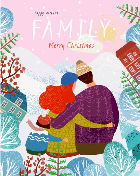 ilustrações de stock, clip art, desenhos animados e ícones de happy family in winter, vector illustration of a loving family in nature outdoors, mom, dad, child and dog walk among the mountains, trees and fir trees, cute postcard for christmas and new year - family christmas