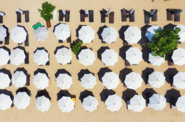 istock Umbrellas as a background from top view. Beach and sand background from top view. Summer seascape from air. Bali island, Indonesia. Travel - image 1145655304