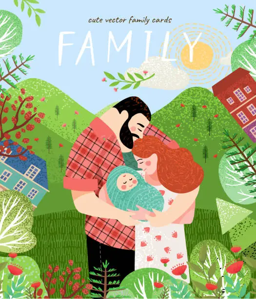 Vector illustration of happy family in summer. Cute vector poster, card or cover with an illustration of a father, mother and newborn baby on a background of green nature, mountains and forest landscape with flowers