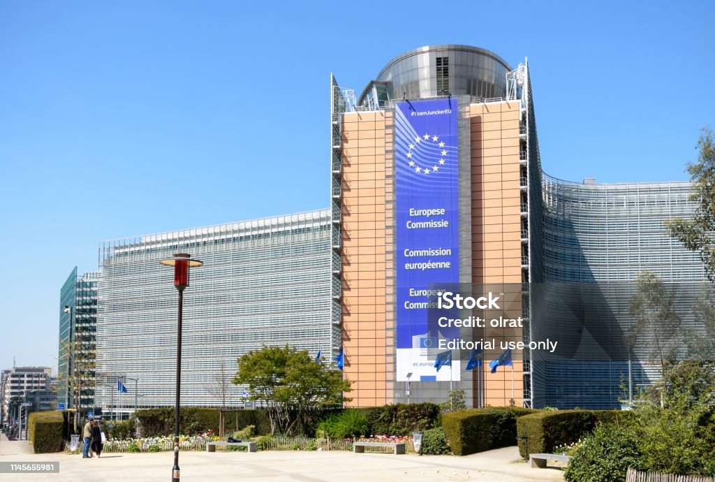 The facade of the southern wing of the Berlaymont building, seat of the European Commission in Brussels, Belgium. Brussels, Belgium - April 18, 2019: The Berlaymont building in the European Quarter houses the headquarters of the European Commission, the executive of the European Union (EU), since 1967. Architecture Stock Photo
