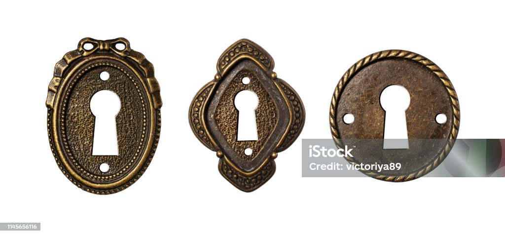 Vintage keyholes collection as decorative design elements Vintage keyholes collection as decorative design elements isolated on white background Keyhole Stock Photo