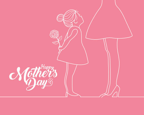 ilustraciones, imágenes clip art, dibujos animados e iconos de stock de feliz día de la madre-chica de dibujos animados sosteniendo clavel y madre en el arte de la línea blanca - women gift style fashion