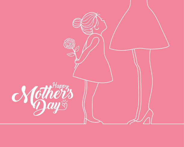 Happy Mother's Day - cartoon girl holding carnation & mother in white line art Happy Mother's Day copy space. Little cartoon girl holding carnation and her mother in white line art style isolated on plain pink background. Vector illustration. daughter stock illustrations