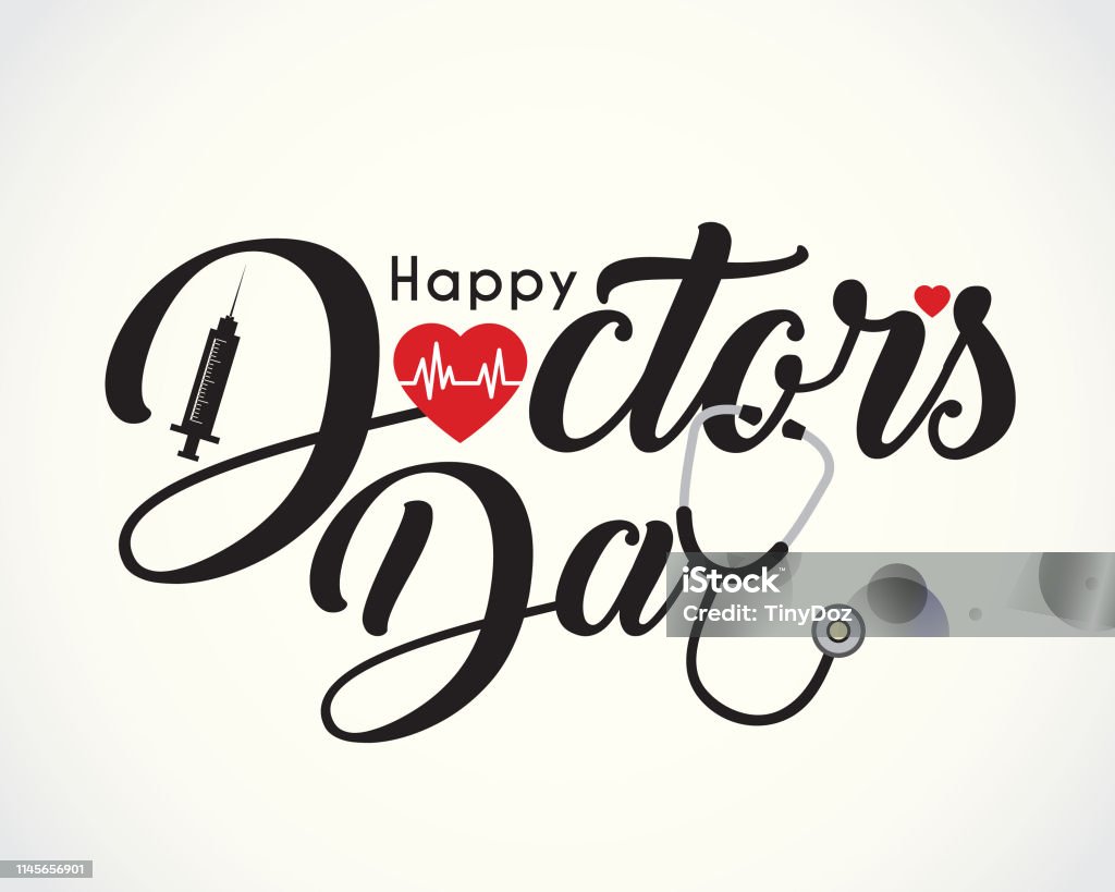 Calligraphic of happy doctor's day with symbol of heartbeat, syringe & stethoscope 30 march - World Doctor's Day. Calligraphic or lettering of happy doctor's day with symbol of heartbeat, syringe and stethoscope isolated on white background. National Doctors' Day stock vector