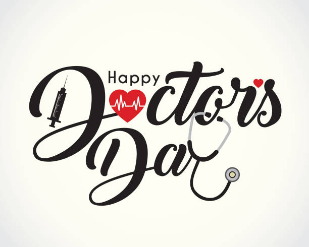 Calligraphic of happy doctor's day with symbol of heartbeat, syringe & stethoscope 30 march - World Doctor's Day. Calligraphic or lettering of happy doctor's day with symbol of heartbeat, syringe and stethoscope isolated on white background. happy day stock illustrations