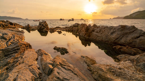 istock Long exposure image of Dramatic sky and wave seascape with rock in sunset scenery background 1145658396