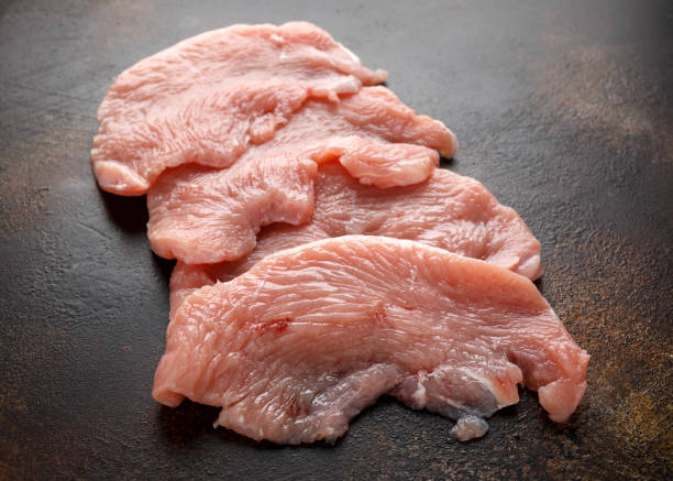 istock Raw lean turkey breast fillet steaks on rustic background. 1145658497