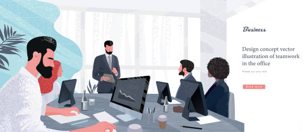 Vector illustration for business and finance. Successful team leader and business owner leading   business meeting. Businessman working on computer in foreground. Vector illustration for business and finance. Successful team leader and business owner leading   business meeting. Businessman working on computer in foreground. business meeting stock illustrations