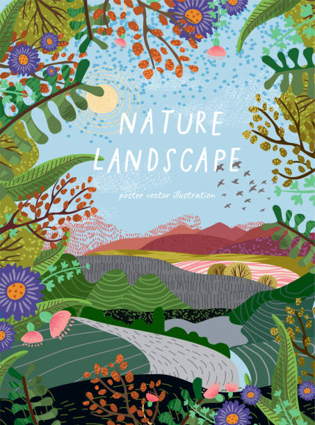 Nature landscape. Vector background illustration with hills, road, plants and flowers. Summer or spring day Nature landscape. Vector background illustration with hills, road, plants and flowers. Summer or spring day watercolor painting landscapes stock illustrations