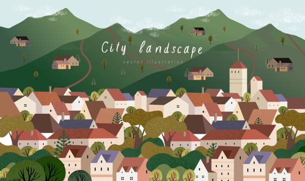 векторная иллюстрация деревенского городка в европе, городской пейзаж с домами, горами и деревьями, фон для плаката, обложки, открытки, банн - town village panoramic green stock illustrations