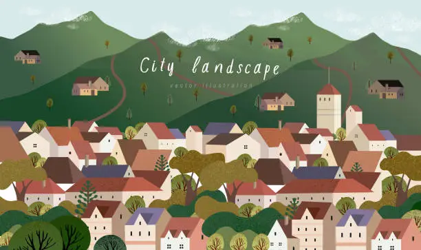 Vector illustration of Vector illustration of a village town in Europe, cityscape with houses, mountains and trees, background for poster, covers, cards, banner