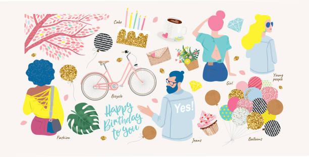 illustrations, cliparts, dessins animés et icônes de ensemble d'objets de mode moderne mignons pour les félicitations pour votre anniversaire: un gâteau avec des bougies, un gars en jeans, une femme, un vélo, des ballons, du café, des jeunes assis en arrière - groupe dobjets illustrations