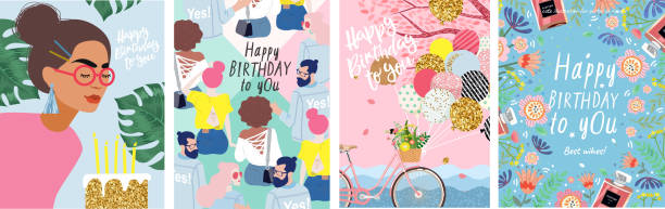 誕生日おめでとうございます！花を持つ女性のかわいいベクトルイラスト、風船付き自転車、若者、ポスター、カード、チラシやバナーのための花のフレーム - invitation greeting card birthday birthday card点のイラスト素材／クリップアート素材／マンガ素材／アイコン素材