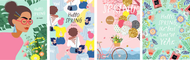 ilustrações de stock, clip art, desenhos animados e ícones de spring! cute vector illustration of a woman with flowers, a bicycle with balloons, young people and a floral frame for a poster, card, flyer or banner - balão enfeite