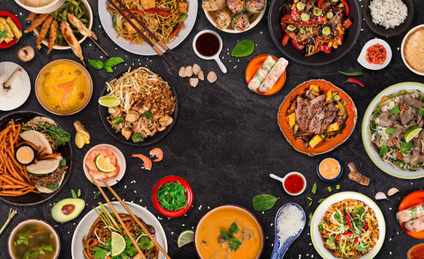 istock Asian food background with various ingredients on rustic stone background , top view. 1145662288