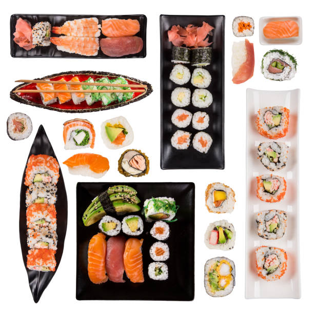 Top shot of Japanese sushi set on white background