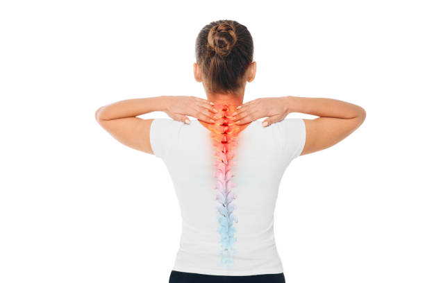 背骨の痛み腰痛のイメージの脊柱そして女性の背部の合成物。 - human spine backache pain back ストックフォトと画像