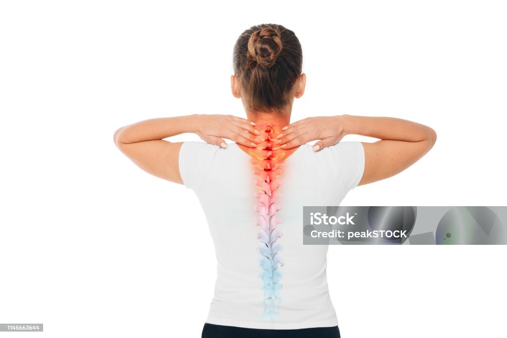 Pain in the spine. Composite of image spine and female back with backache. Pain in the spine. female back with backache, pain at cervical spine Spine - Body Part Stock Photo
