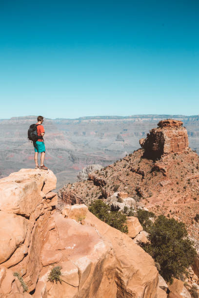 Hiker in Grand Canyon National Park, Arizona, USA A young male hiker is standing on a rock enjoying the amazing view over famous Grand Canyon with the Colorado river flowing on a beautiful sunny day in summer, Arizona, USA south kaibab trail stock pictures, royalty-free photos & images