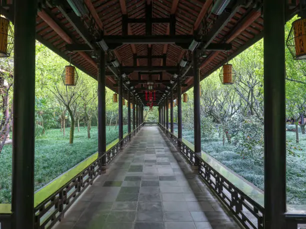 Chengdu, Sichuan Province, China - March 28, 2019 : Corridor of Chinese Garden.