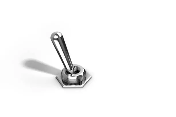 A chrome reflective toggle switch isolated on a bright white background.  A 3D illustration.