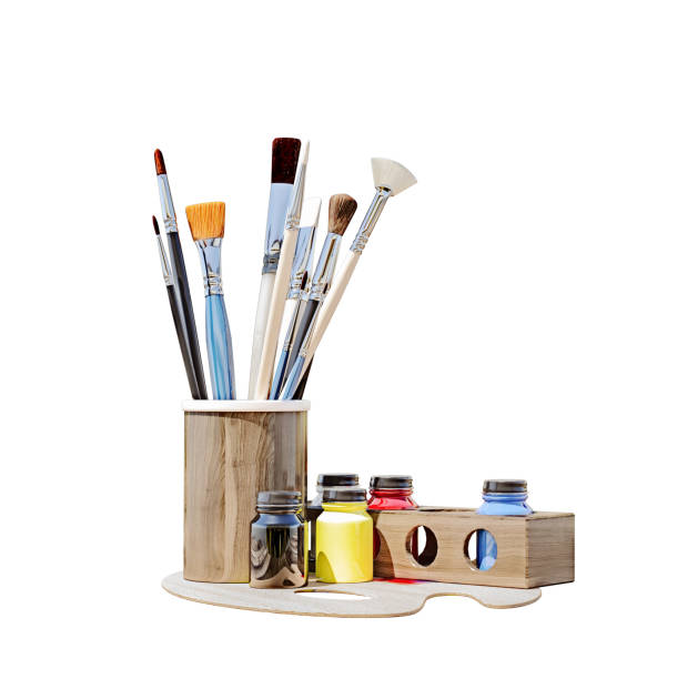 在一張以自然為背景的舊木桌上用各種顏色顏料的清潔畫筆, 在白色上隔離, 在自然中繪畫的概念, 3d 渲染 - 畫筆 插圖 個照片及圖片檔