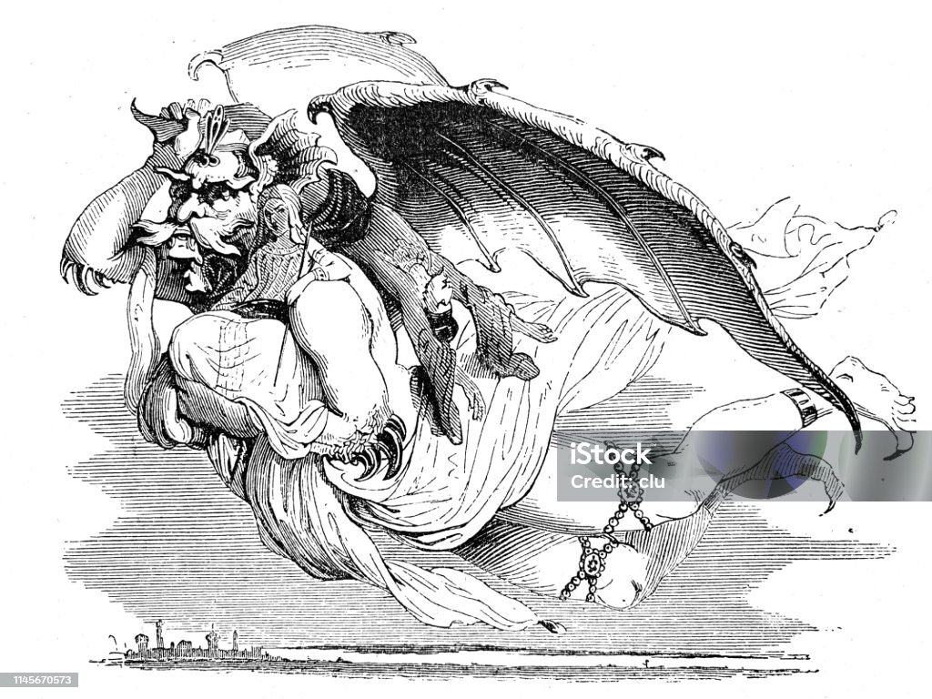 Fabulous creature: flying man with giant wings Illustration from 19th century Fairy Tale stock illustration