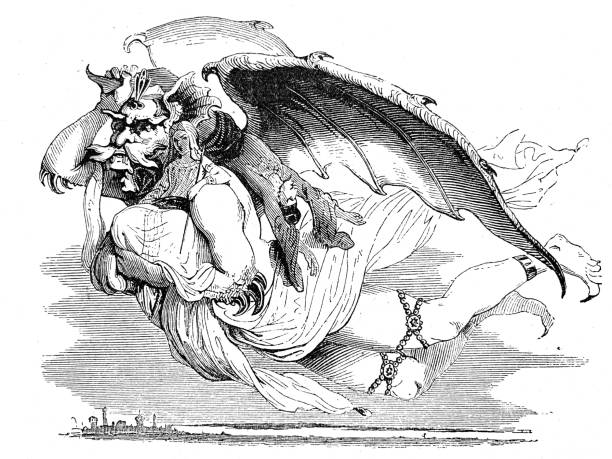Fabulous creature: flying man with giant wings Illustration from 19th century cartoon of muslim costume stock illustrations