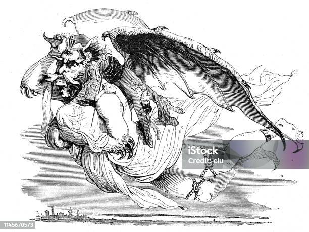 Fabulous Creature Flying Man With Giant Wings Stock Illustration - Download Image Now - Fairy Tale, Germany, One Thousand and One Nights