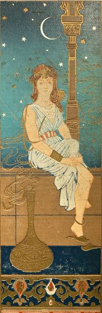 ilustrações de stock, clip art, desenhos animados e ícones de princess sitting on a wall in the palace, half moon in the background - arabian nights