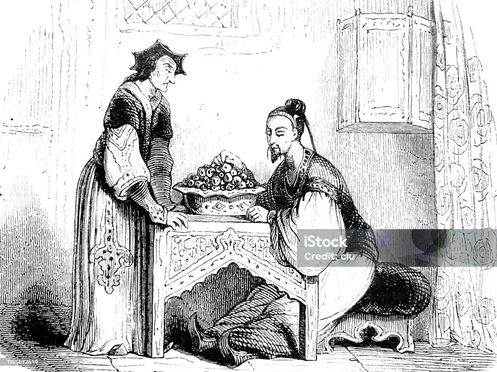 Two men talking at table Illustration from 19th century 19th Century stock illustration