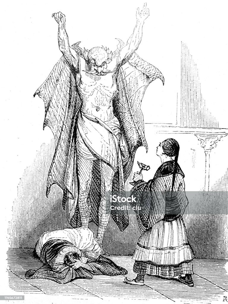 Wizard raising hands Illustration from 19th century 19th Century stock illustration