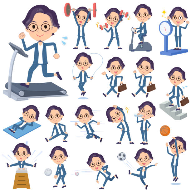 ilustrações, clipart, desenhos animados e ícones de terno azul óculos man_exercise - office business soccer exercising