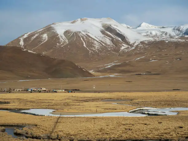Tibet Autonomous Region, China - April 01, 2019 : Car window scenery of Qinghai–Tibet railway.