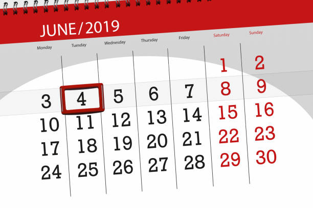 istock Calendar planner for the month june 2019, deadline day, 4, tuesday 1145682890