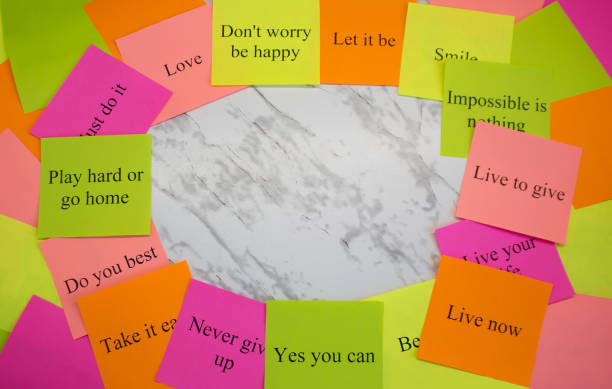 istock Vision board. Motivational words on colorful stickers on a marble table. Business plan, strategy, concept, future. Copy space, creativity, project, art. 1145682898