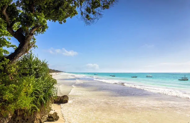 Amazing Diani beach seascape with white sand and turquoise Indian Ocean, Kenya
