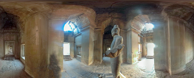 360VR Entrance to Angkor Wat with ancient statue in Siem Reap, Cambodia.